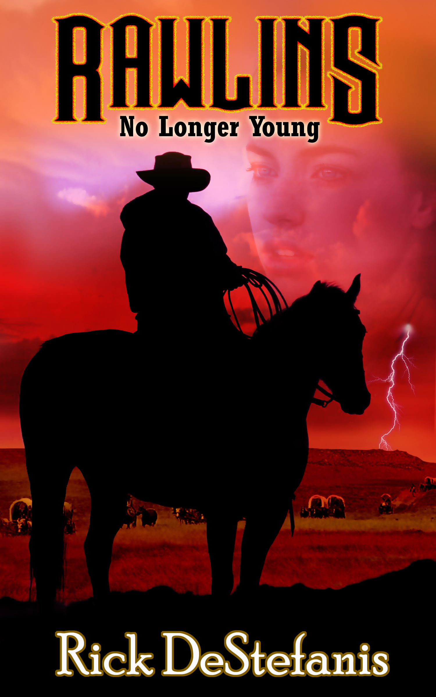 Rawlins Book Cover cowboy on horse with lightening in background