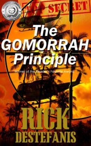 The Gomorrah Principle by Rick DeStefanis about a sniper. Helicopter flying overhead with sun in background