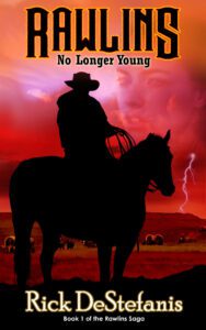Rawlins Book Cover cowboy on horse with lightening in background