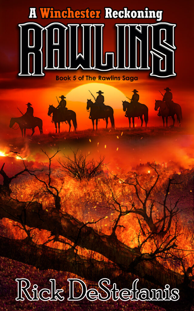 Silhouette of 5 men on horseback against the background of a sun and a foreground of prairie grass on fire